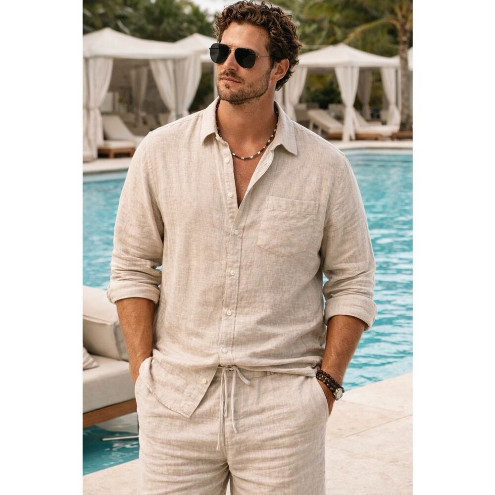 Elk Head Beige 100% Linen Button Up Pocket Sz XL Beachy Quiet Luxury Resort EUC